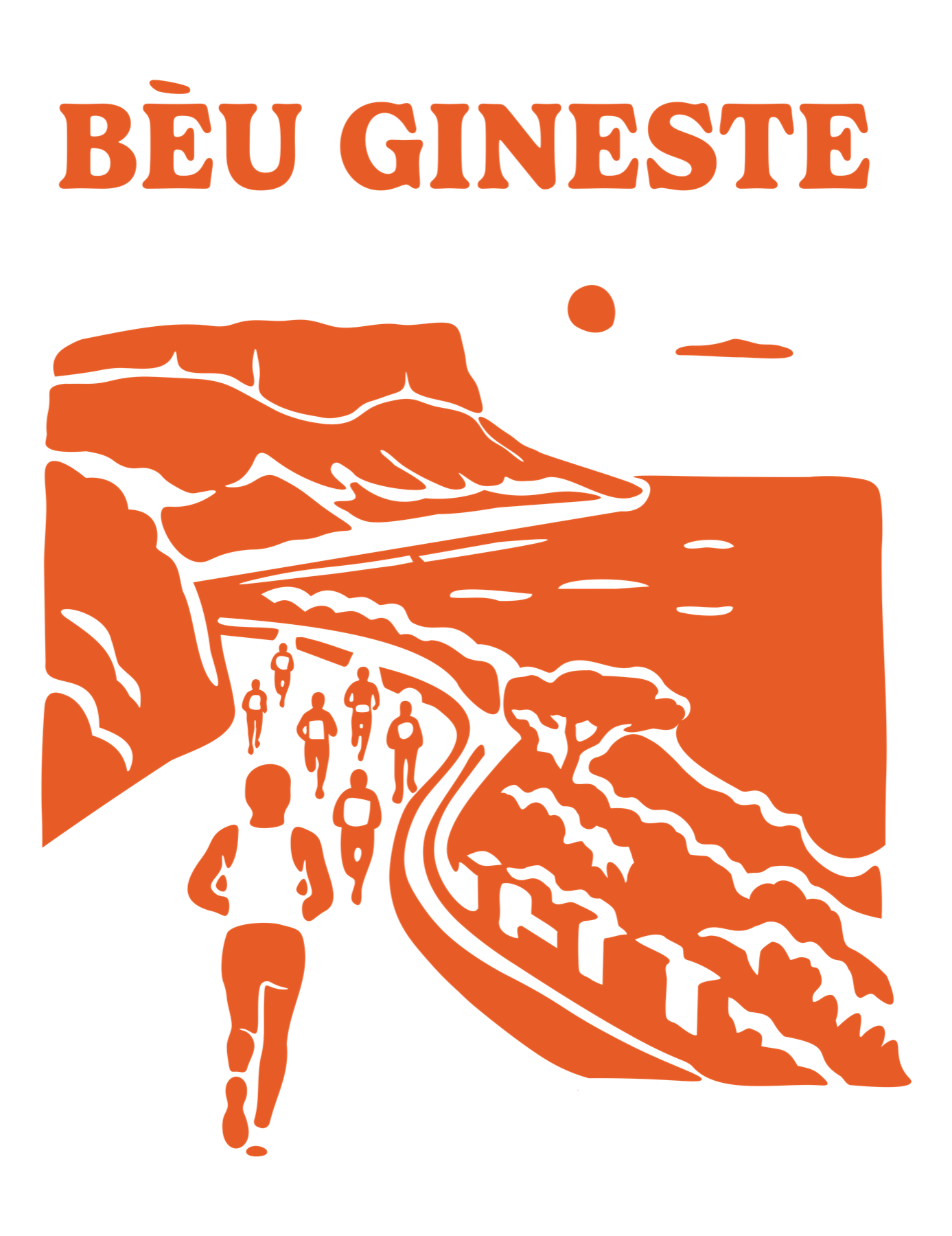 Motif dos BÈU GINESTE : la route de la Gineste, les coureurs de dos, le Cap Canaille, la mer et le soleil